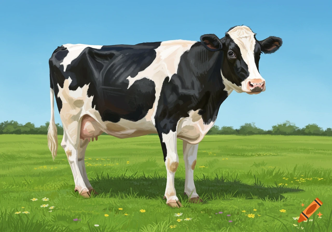 A black and white cow stands in a green field under a blue sky.
