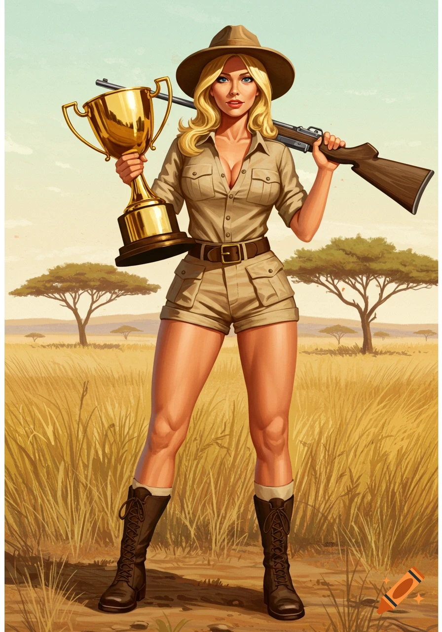 Blonde woman in safari outfit holding gold trophy and rifle in savanna illustration