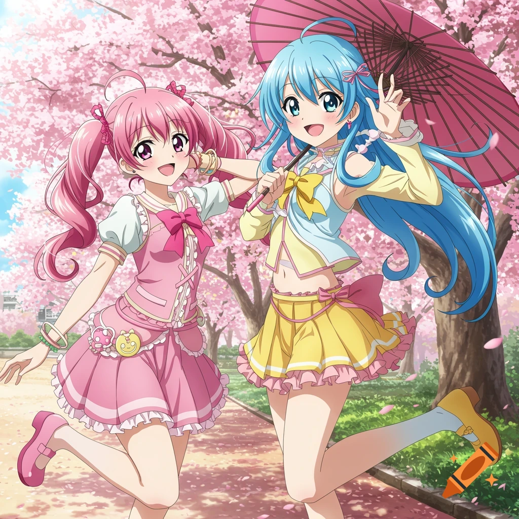 Two smiling anime girls pose happily under cherry blossom trees, one with pink hair and the other with blue hair holding a pink umbrella.