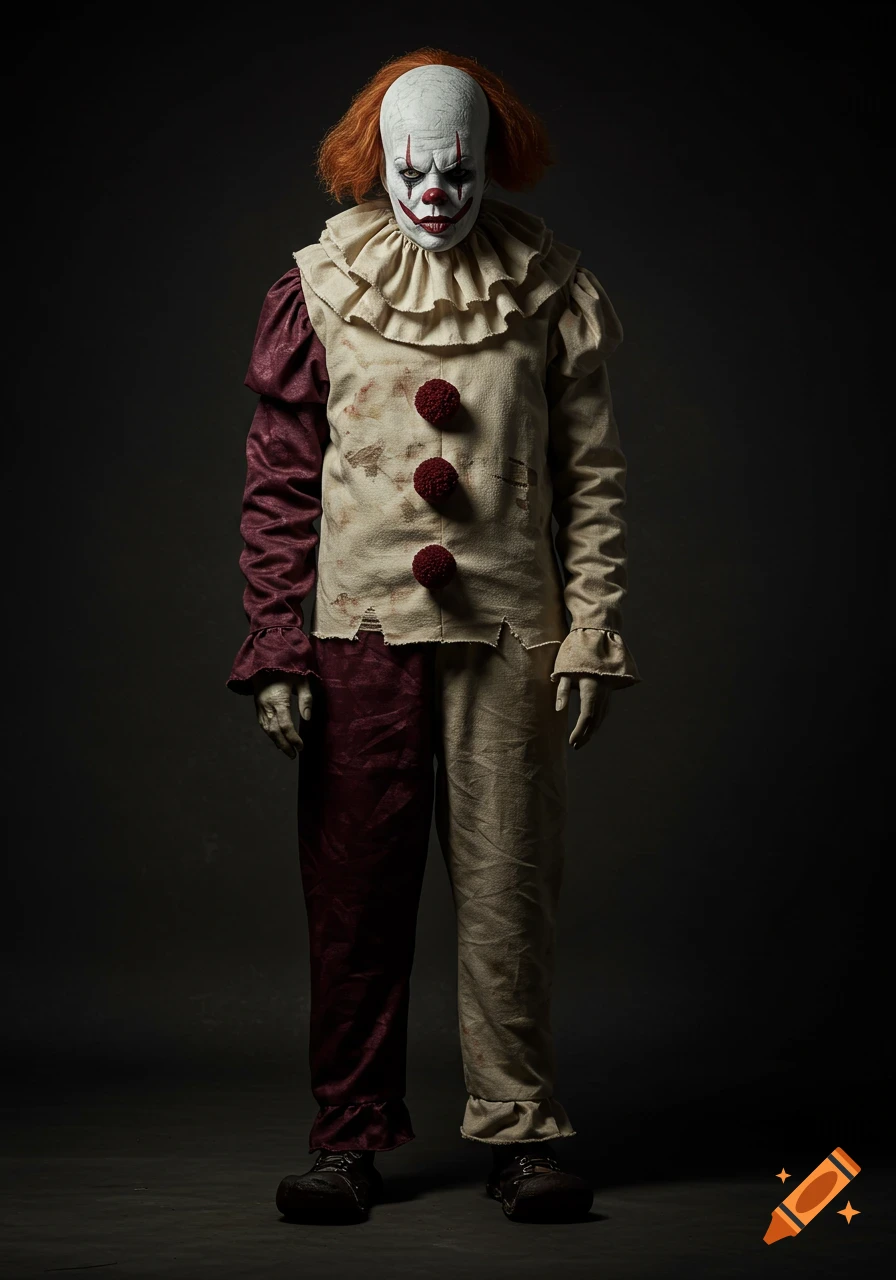 A full-body portrait of a creepy clown in a vintage, torn burgundy and bone-colored costume with ruffled collar, standing in dim light.