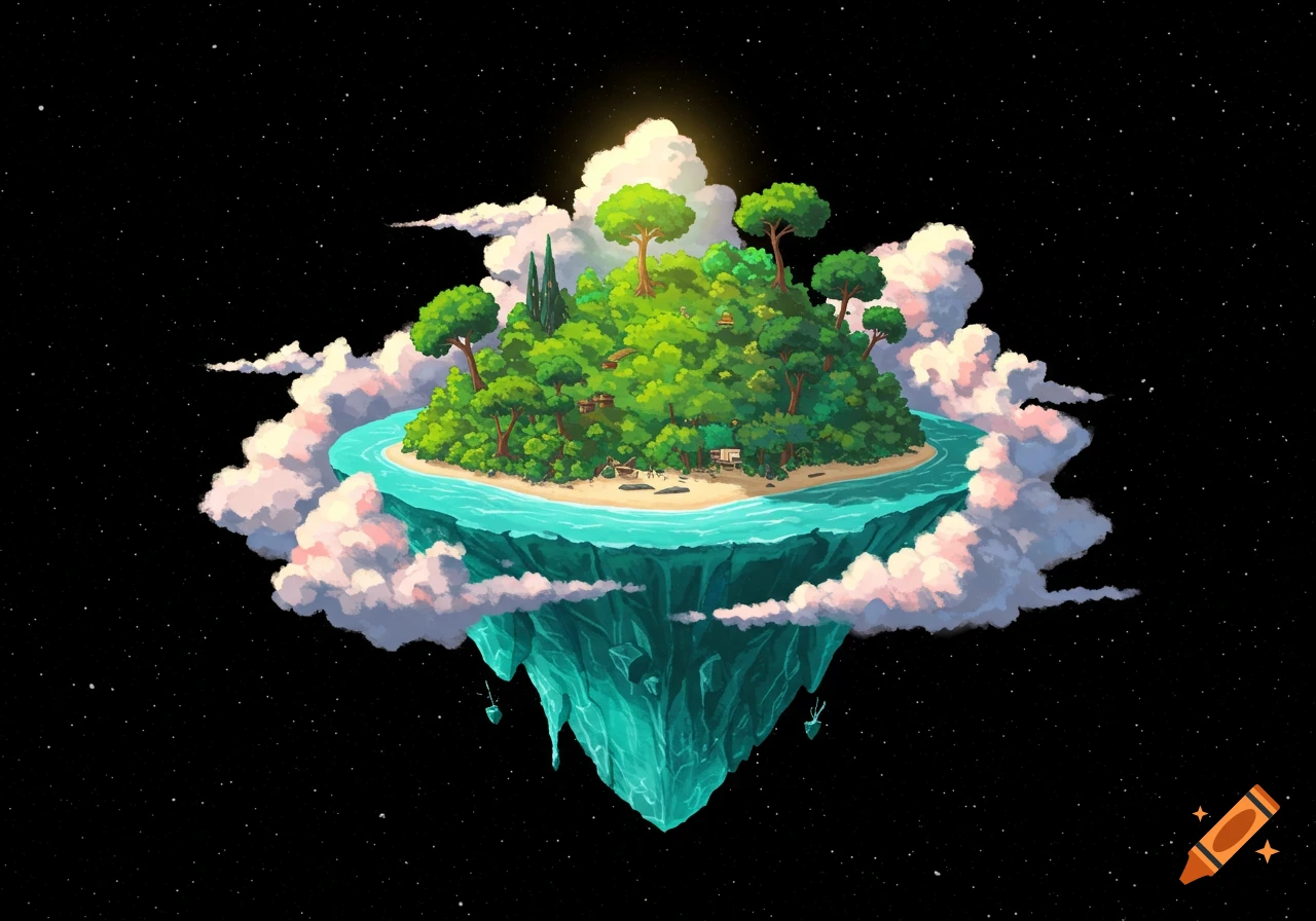 An illustration of a lush green island floating in space, surrounded by clouds.