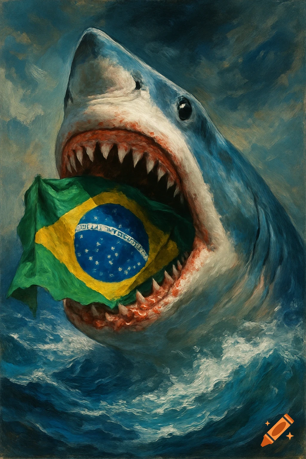 Painterly image of a shark holding the Brazilian flag in its mouth.