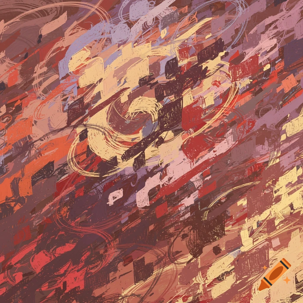 Abstract painting with dynamic brushstrokes and swirls in reds, browns, yellows, and purple.