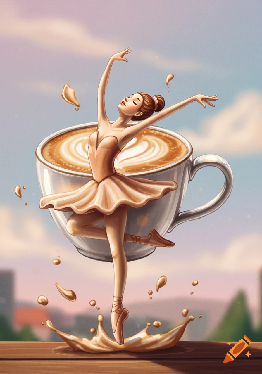 Illustration of a ballerina dancing on coffee splash in a large cappuccino cup against a sky background