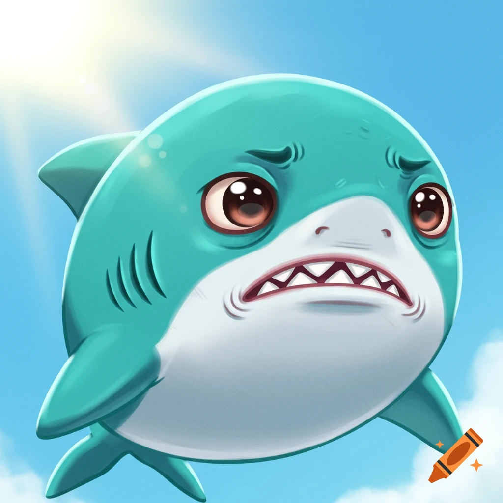 A cute cartoon shark with a disgusted face floats against a bright blue sky.