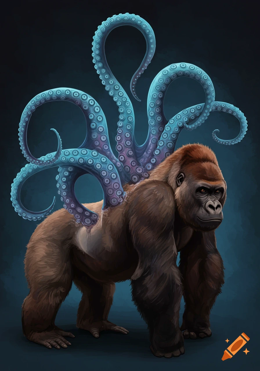 A brown gorilla stands with blue octopus tentacles attached to its back against a dark background.