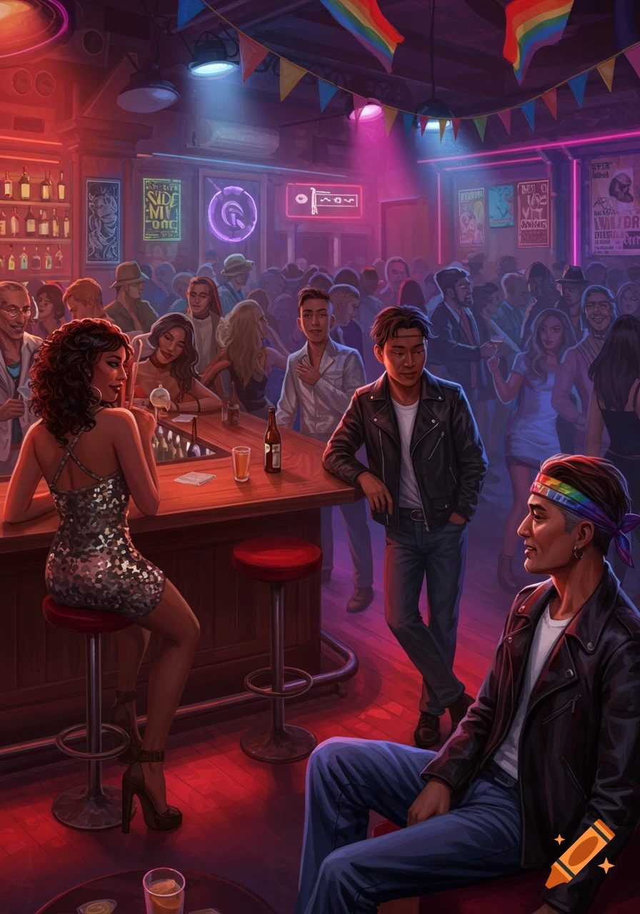 A crowded bar scene with rainbow flags, neon signs, and people socializing.