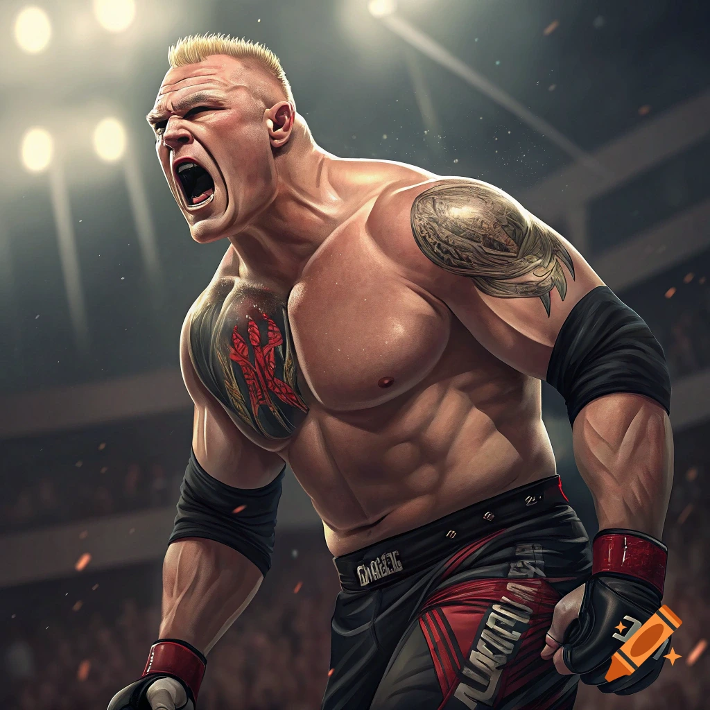 Muscular fighter with tattoos yells fiercely in a stadium.