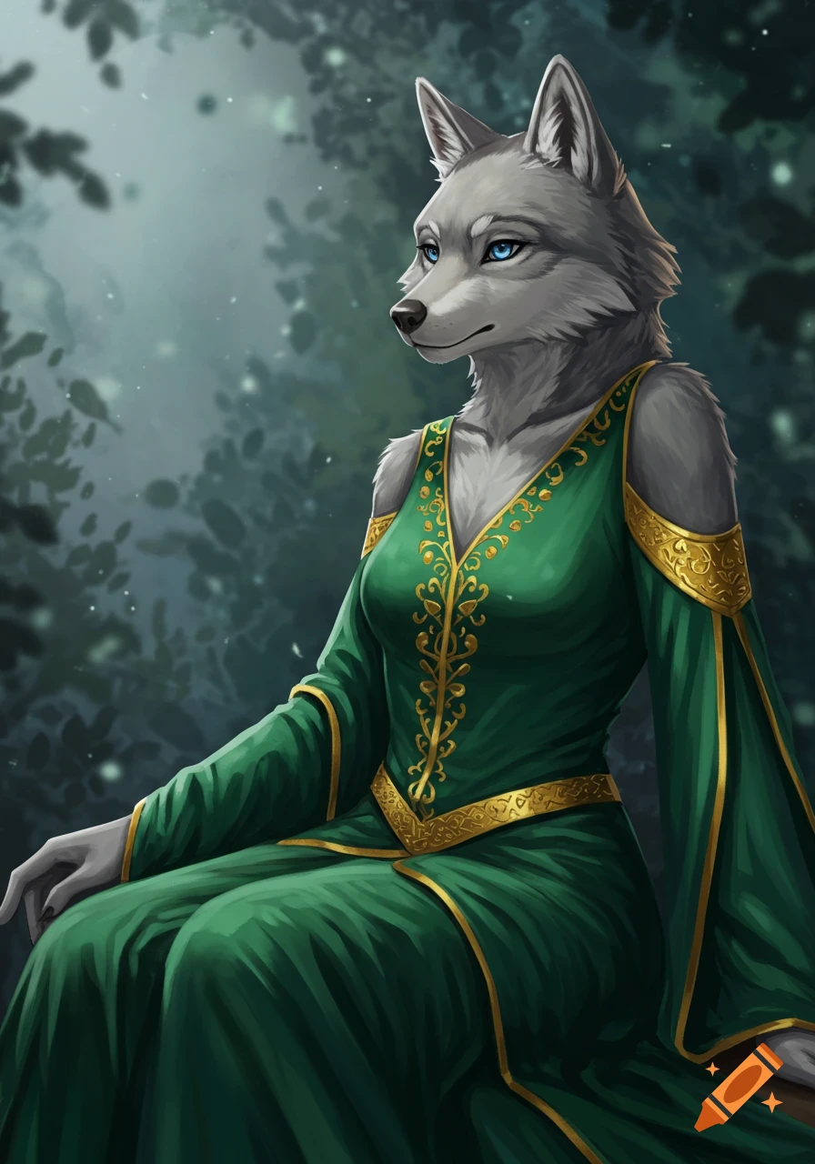 An anthropomorphic female wolf in a green and gold dress sits in a forest.