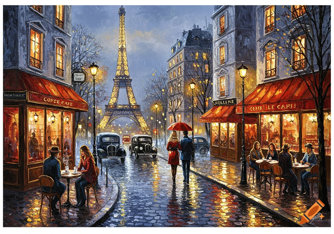 A romantic painting of a rainy Paris street scene with people at outdoor cafe tables, couples with umbrellas, nostalgic cars, and the Eiffel Tower in the background.