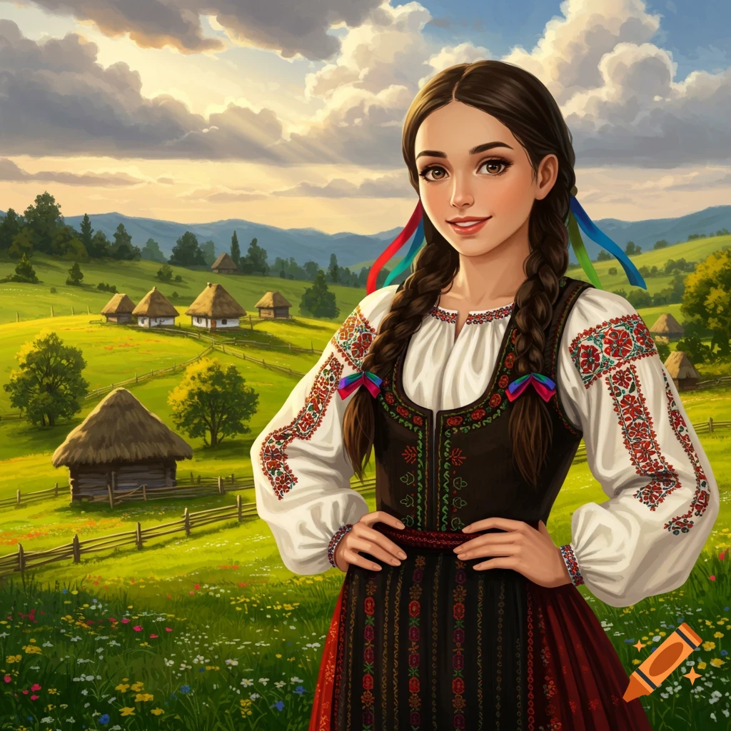 Illustration of a young woman in traditional clothing standing in a rural landscape with small houses.