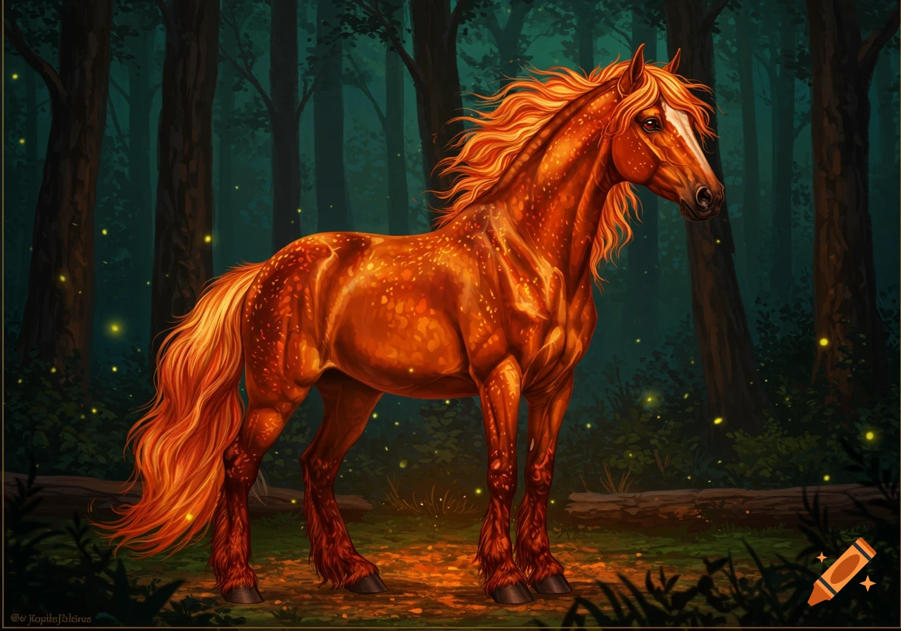 A fantasy horse with a fiery, sparkling coat stands in a dark forest ...