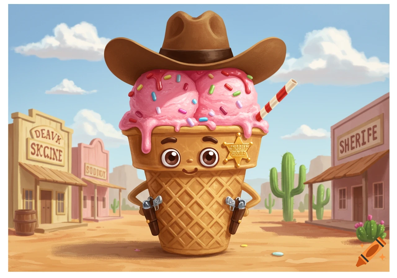 Cartoon ice cream cone sheriff character standing in a wild west town.