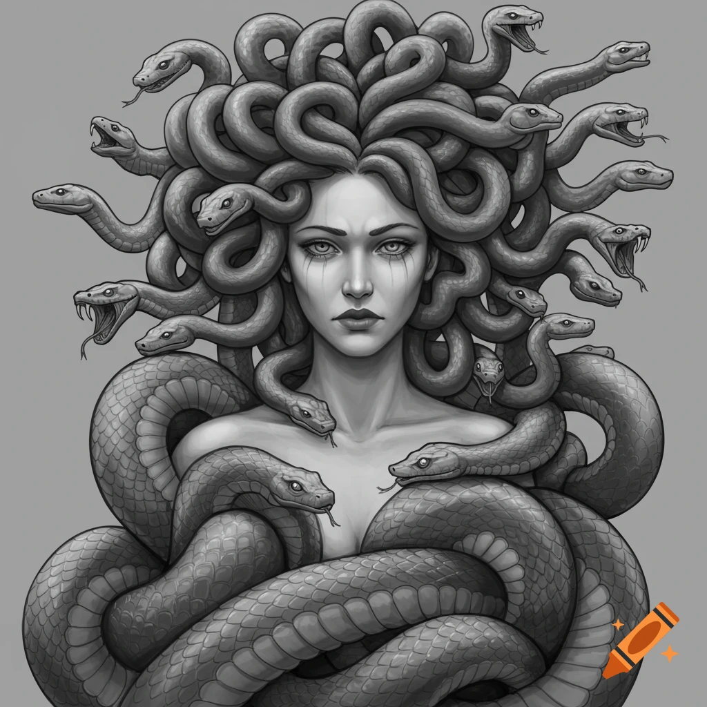 Grayscale portrait of Medusa with snakes for hair and around her body.