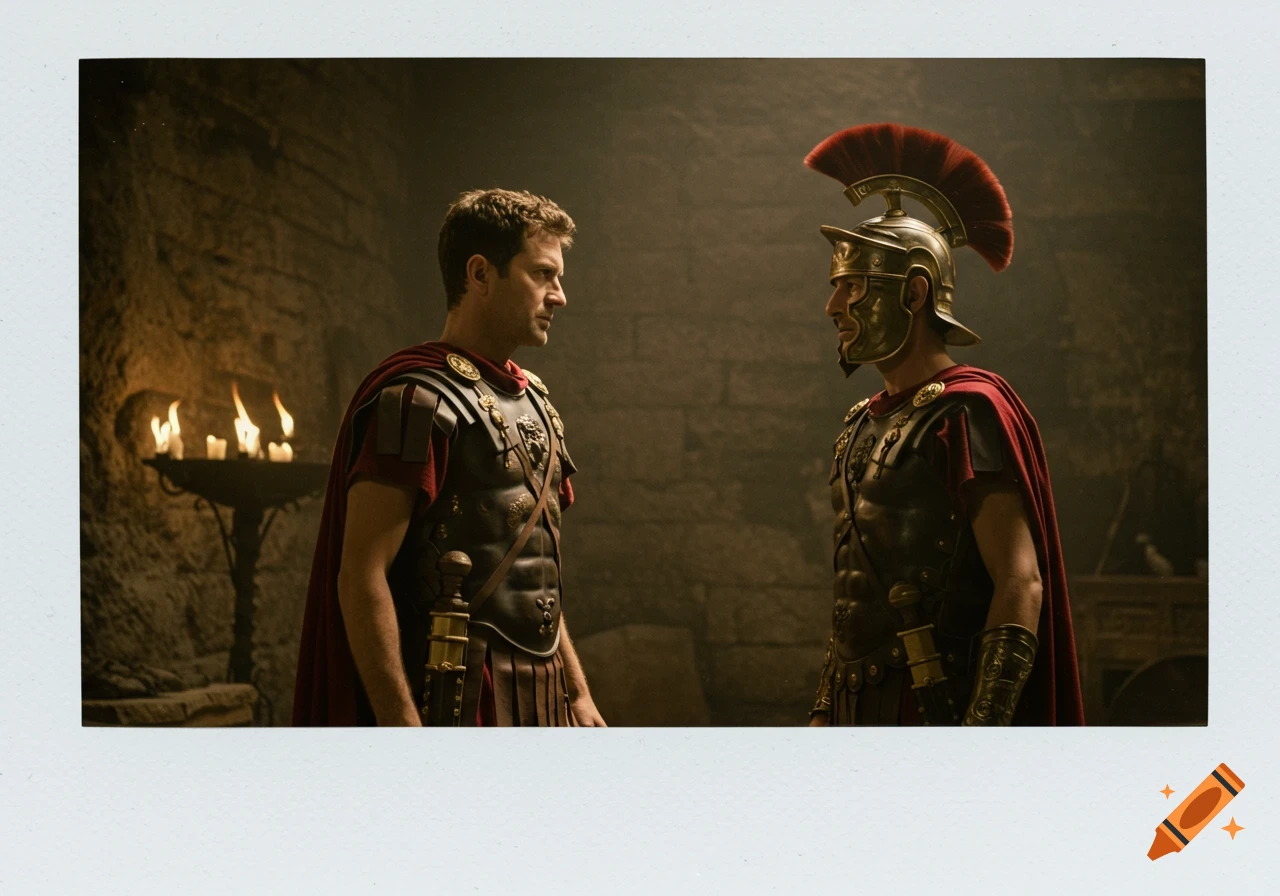 Two Roman soldiers, Caius Marcius and Tullus Aufidius, face each other in a dimly lit stone room. Vintage Polaroid photo.
