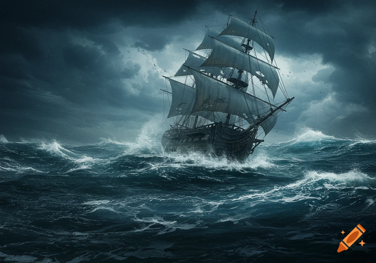 A sailing ship with tattered sails battles massive waves under a dark, stormy sky.