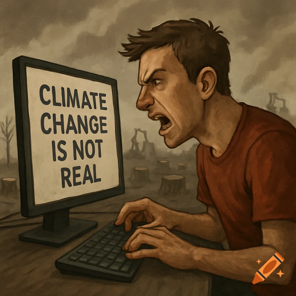 An angry man types on a computer screen displaying 'CLIMATE CHANGE IS NOT REAL' with a polluted, deforested background.