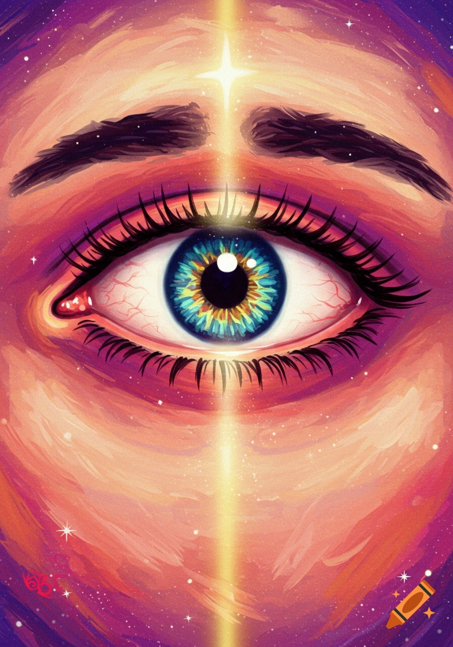 Close-up illustration of a human eye with a colorful iris surrounded by a cosmic pattern, illuminated by a vertical beam of light and a star.