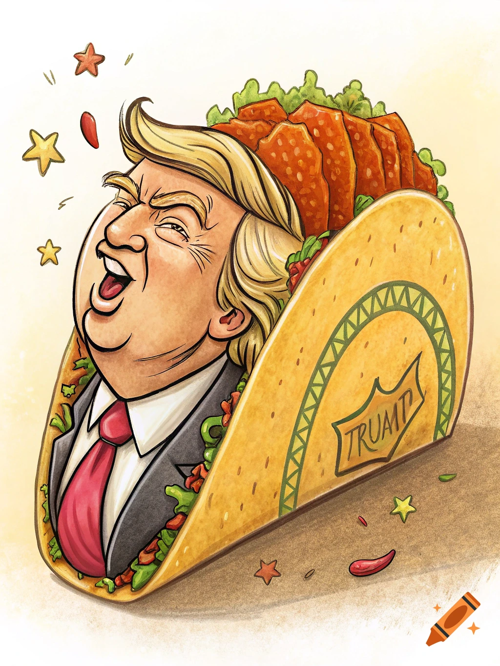 Cartoon caricature of Donald Trump's head in a suit emerging from a taco shell.