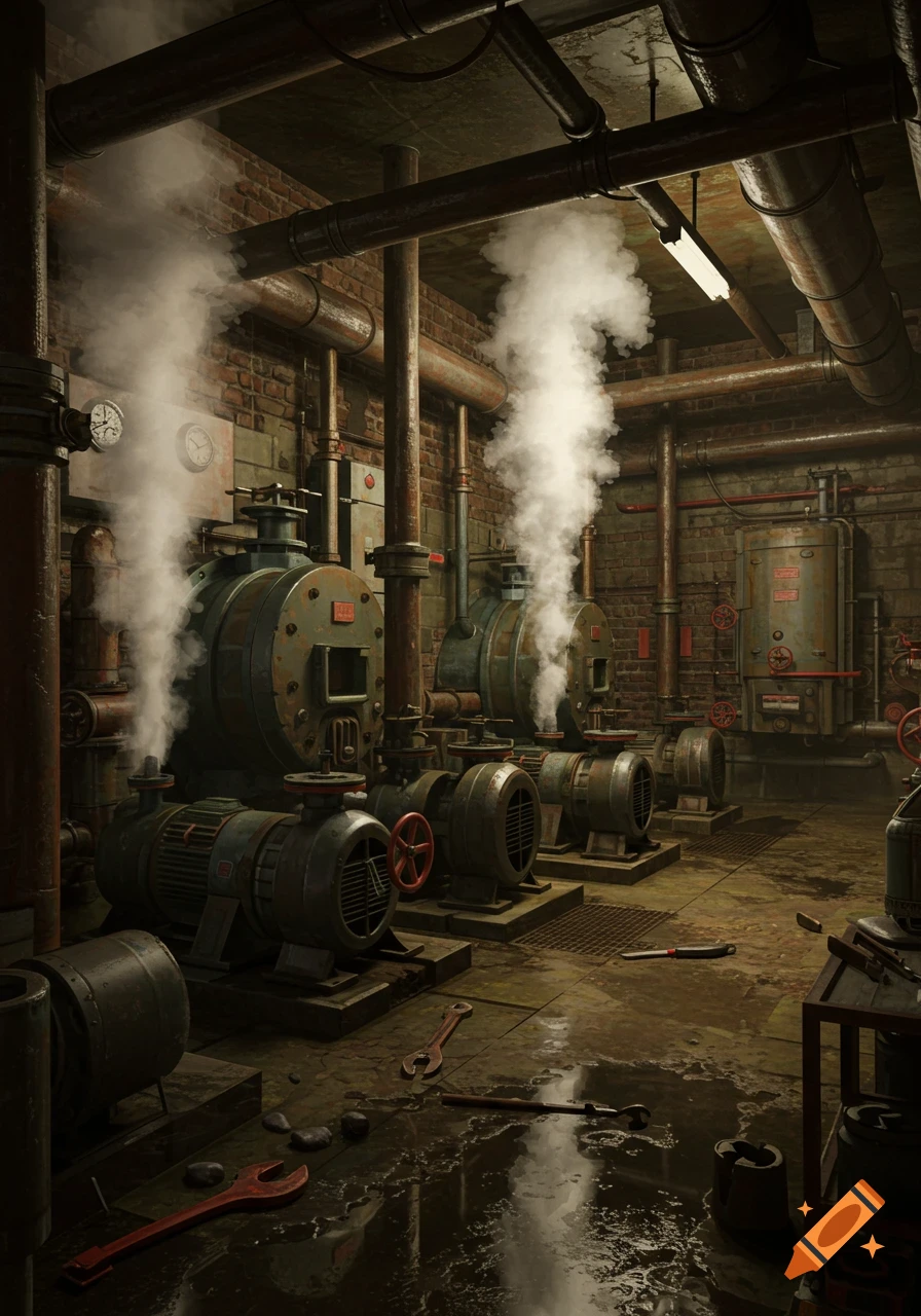 Gritty industrial boiler room with pipes, steaming boilers, and tools on a wet floor.