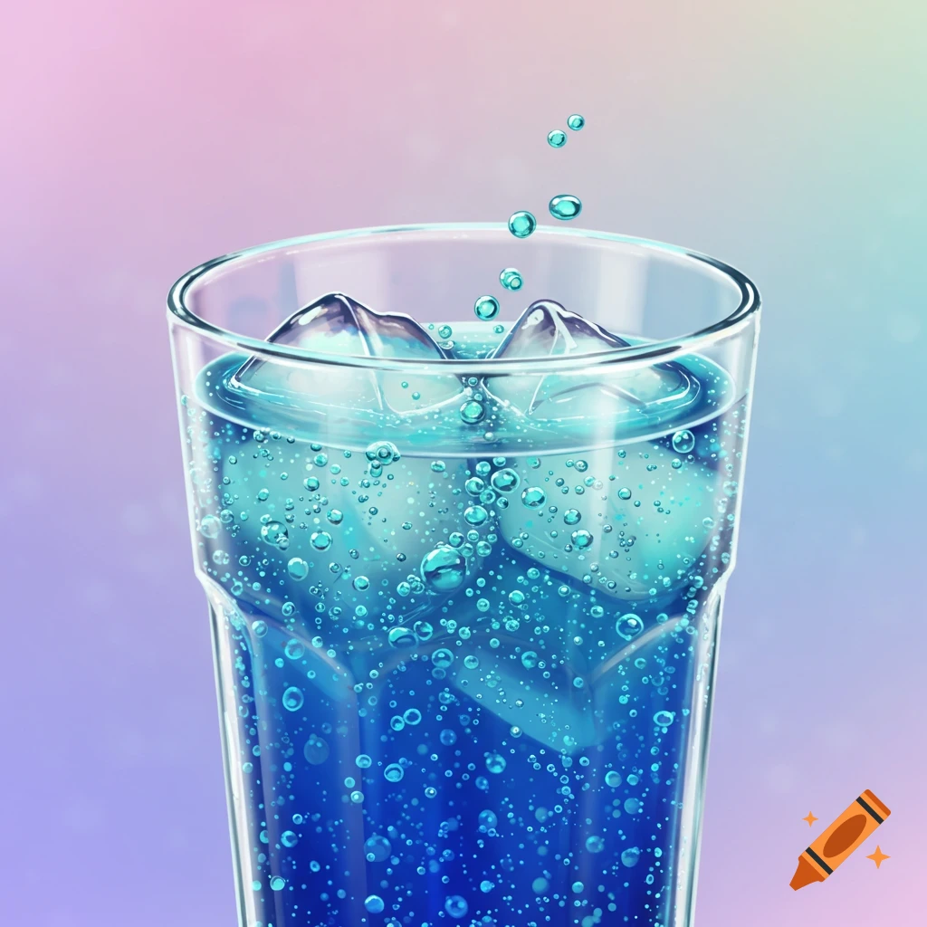 Close up of a glass of blue soda with ice and lots of bubbles. on Craiyon