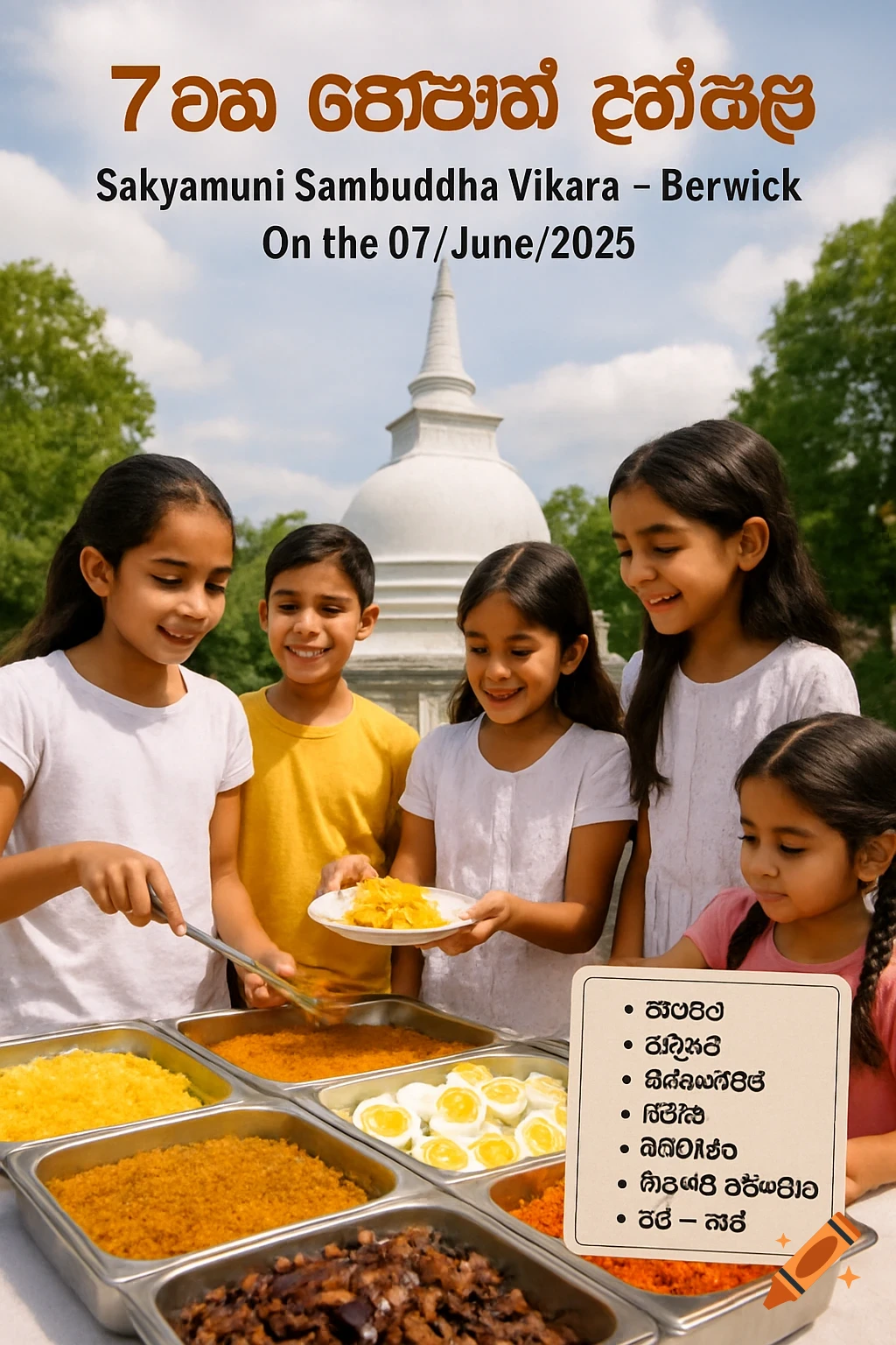 Children serving themselves from a food buffet in front of a stupa, with event text overlays.