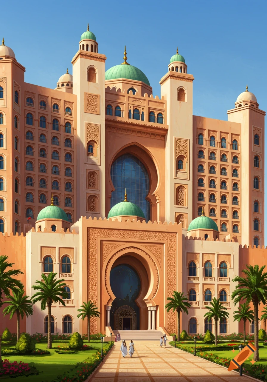 An ornate hotel building with multiple domes and arches, surrounded by palm trees and gardens, with people walking towards the entrance.