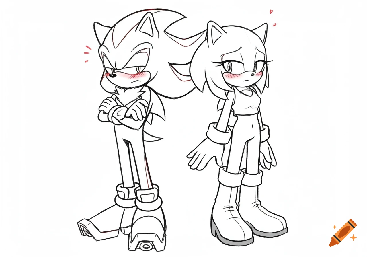 Line art drawing of Shadow the Hedgehog and a female hedgehog looking embarrassed.
