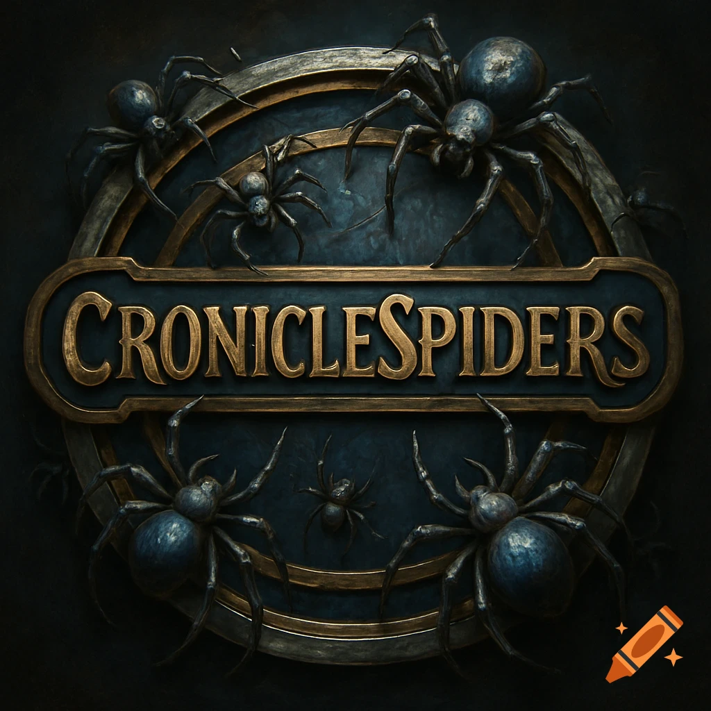 A round silver, gold, and blue video game emblem with the text "CRONICLESPIDERS" and spiders crawling around it.
