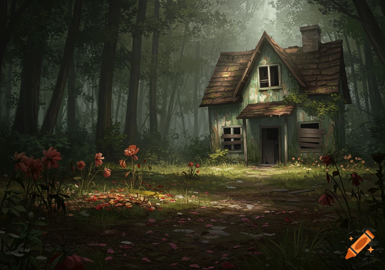 A rundown cottage stands in a sunlit clearing in a dark forest, surrounded by withered flowers.