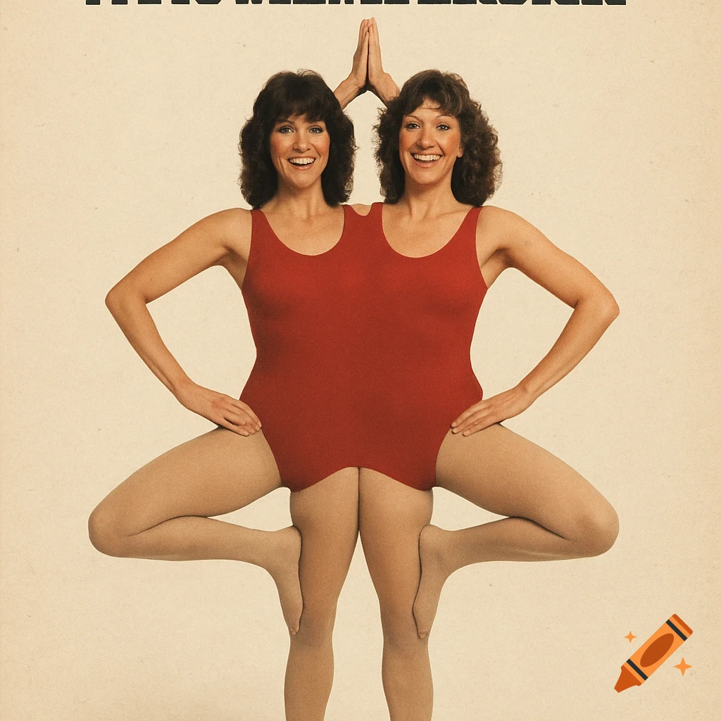 A 1980s-style ad shows two smiling women merged together in one red leotard and tights doing a yoga pose, with the headline "TWO FOR ONE GYM MEMBERSHIP" above.