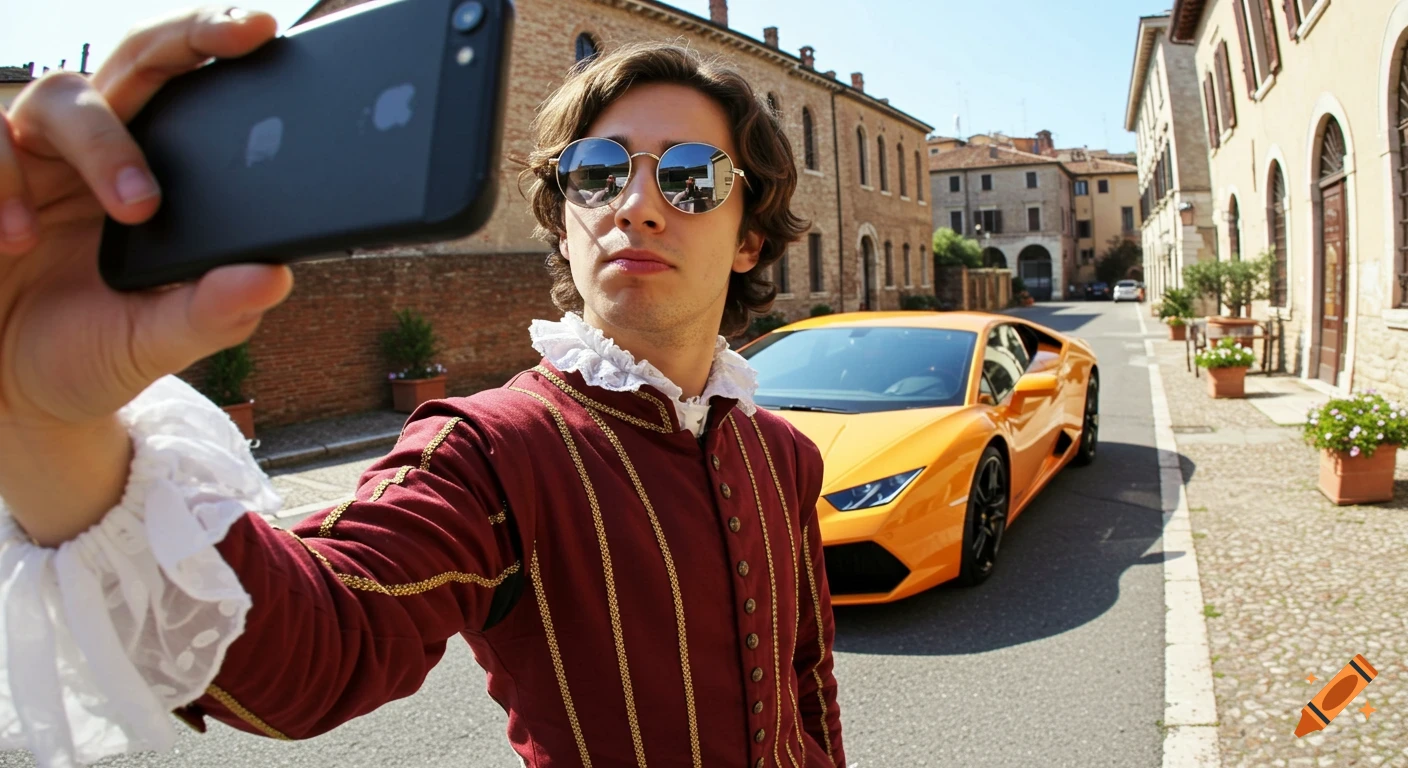 A person in historical costume and sunglasses takes a fish-eye selfie with an orange Lamborghini on a street.