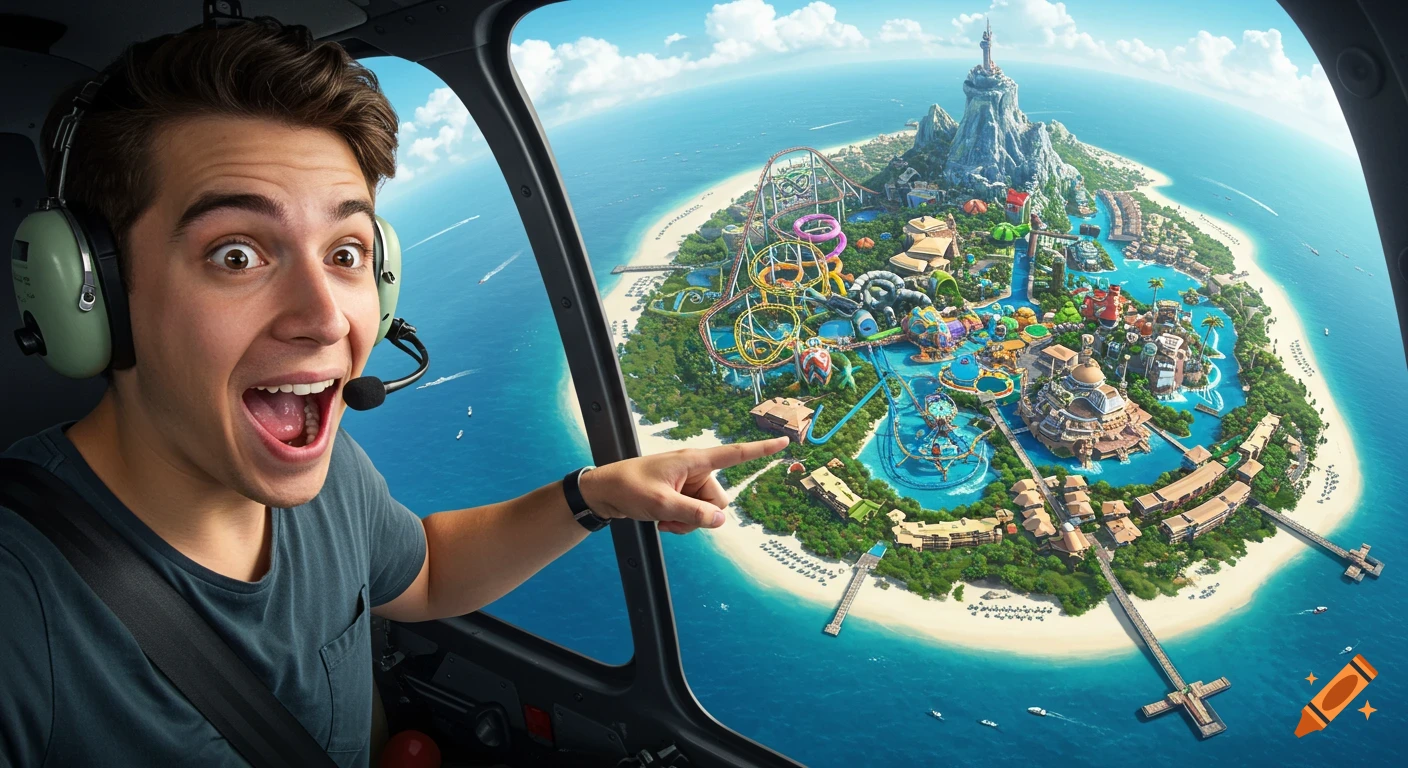 Man in a helicopter pointing excitedly at a vibrant, exaggerated theme park island below