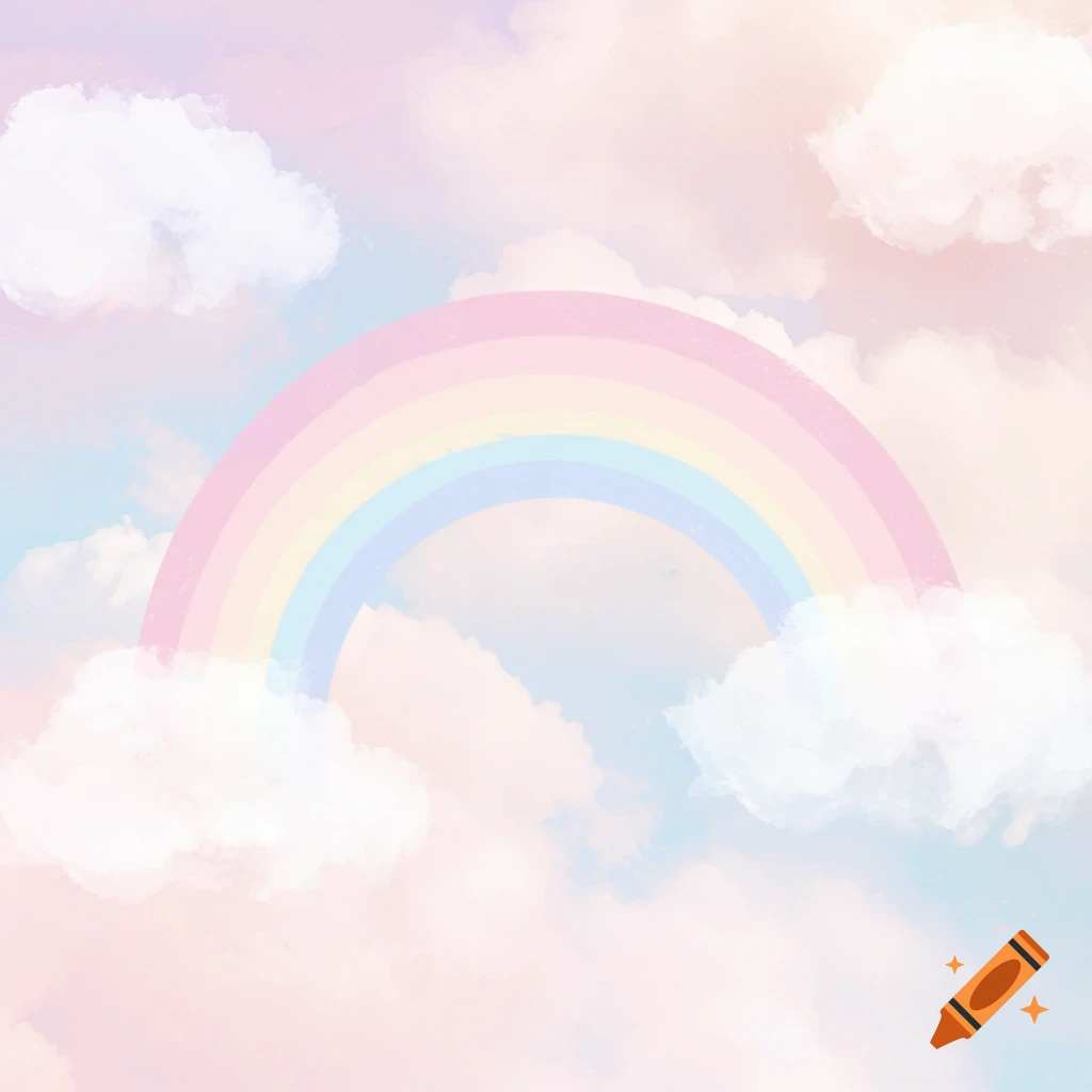 A pastel watercolor rainbow arches across a sky filled with soft clouds.