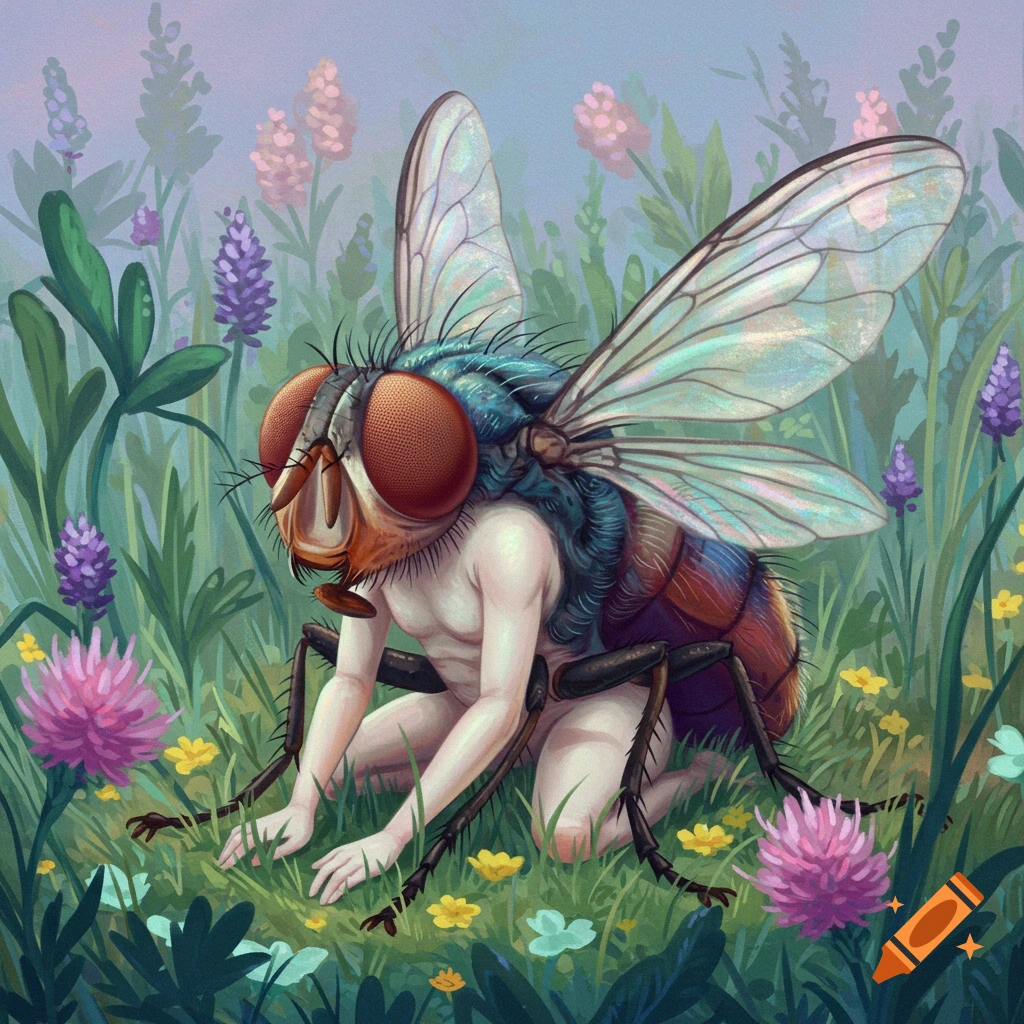 A human-fly hybrid creature kneels in a field of colorful wildflowers.