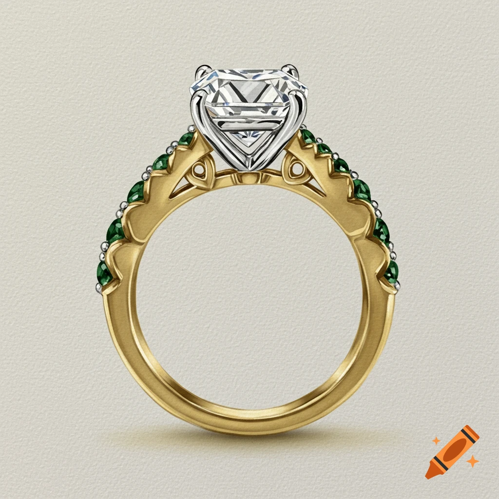 A gold engagement ring with a large radiant cut diamond and small green gemstones set into the band.
