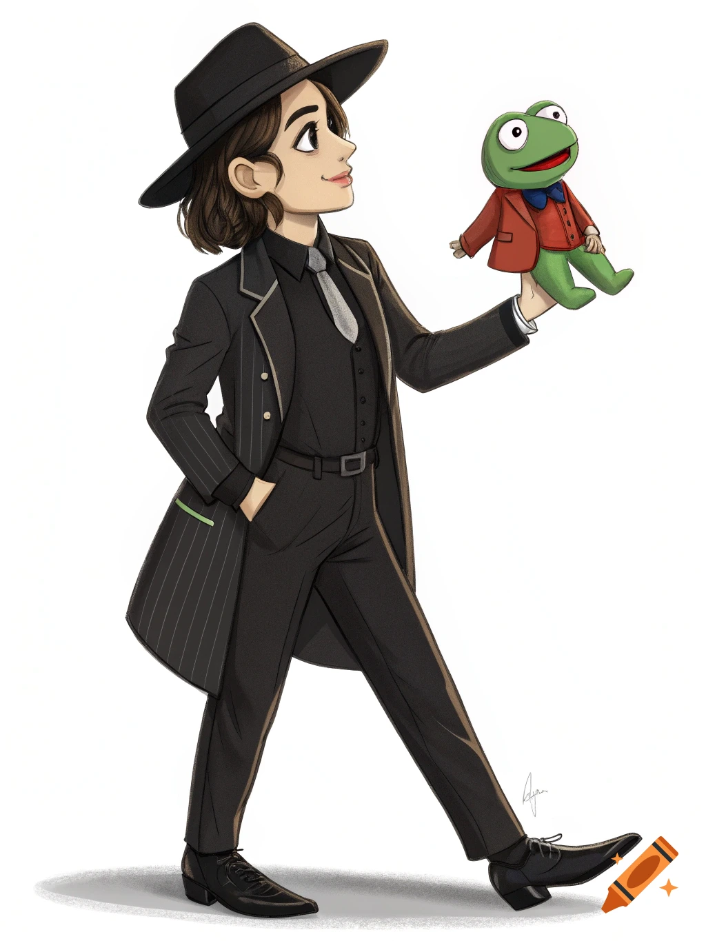An illustration of a person in a black suit and hat holding a green frog puppet.