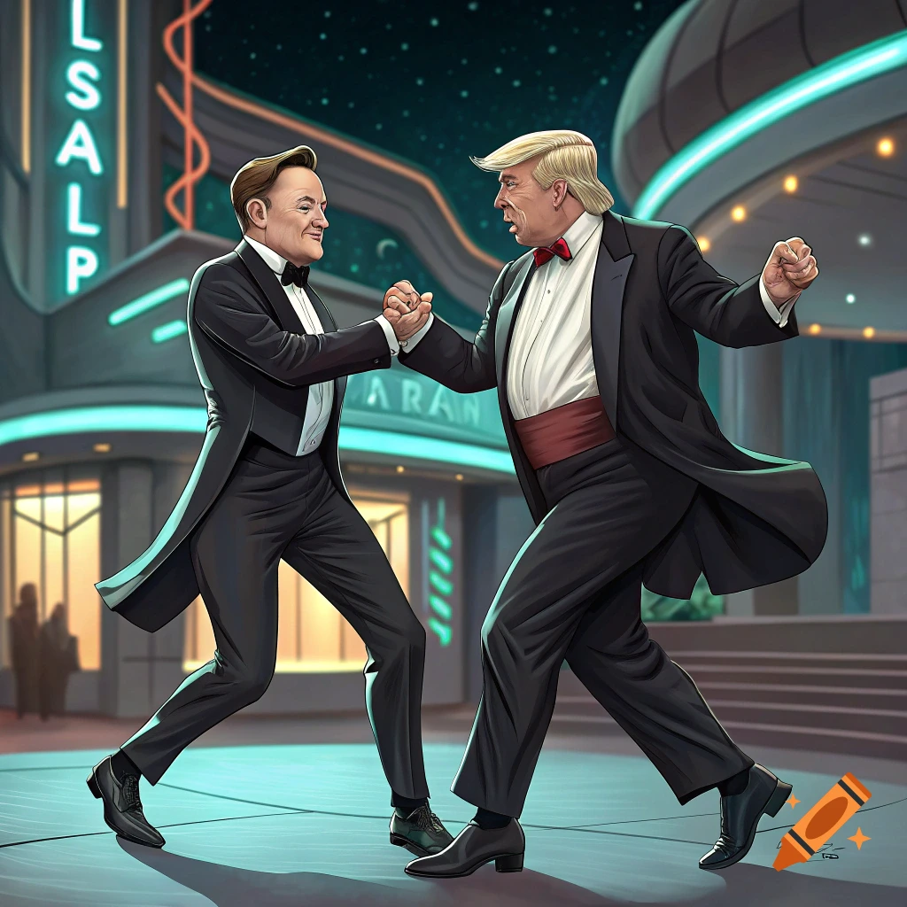 Illustration of Elon Musk and Donald Trump dancing the waltz in tuxedos