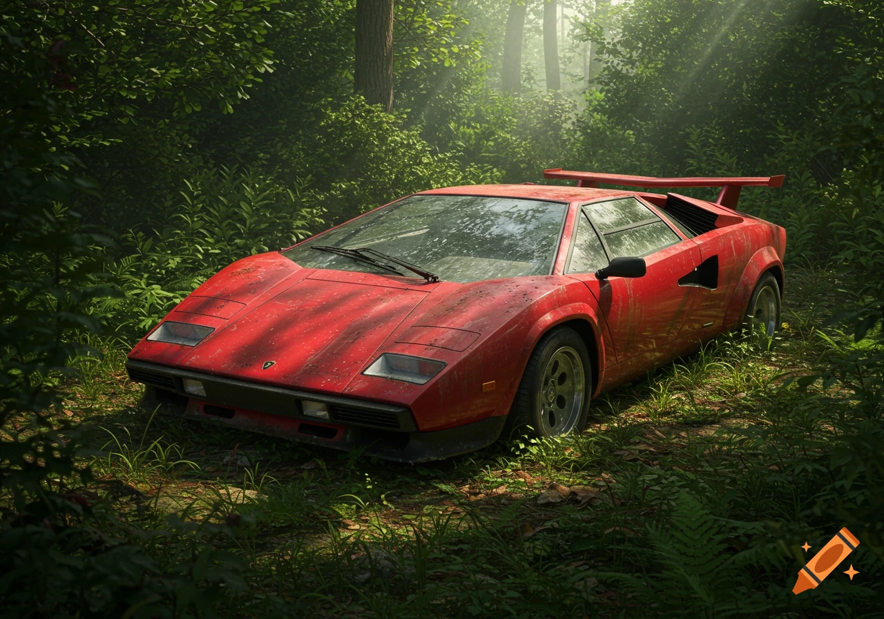 A red abandoned supercar, similar to a Lamborghini, is parked in a lush, sun-dappled forest, overgrown with plants.