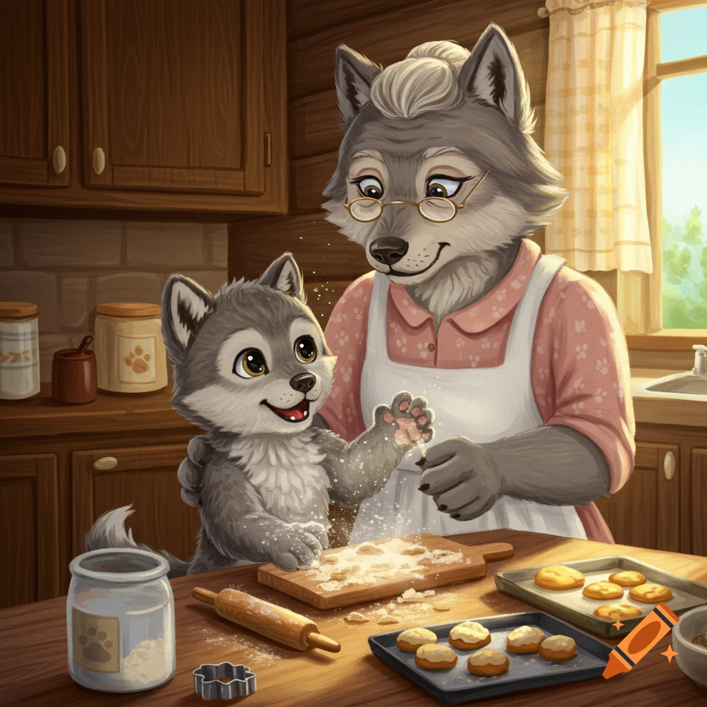 Cute illustration of a little wolf and grandma wolf baking cookies in a kitchen.