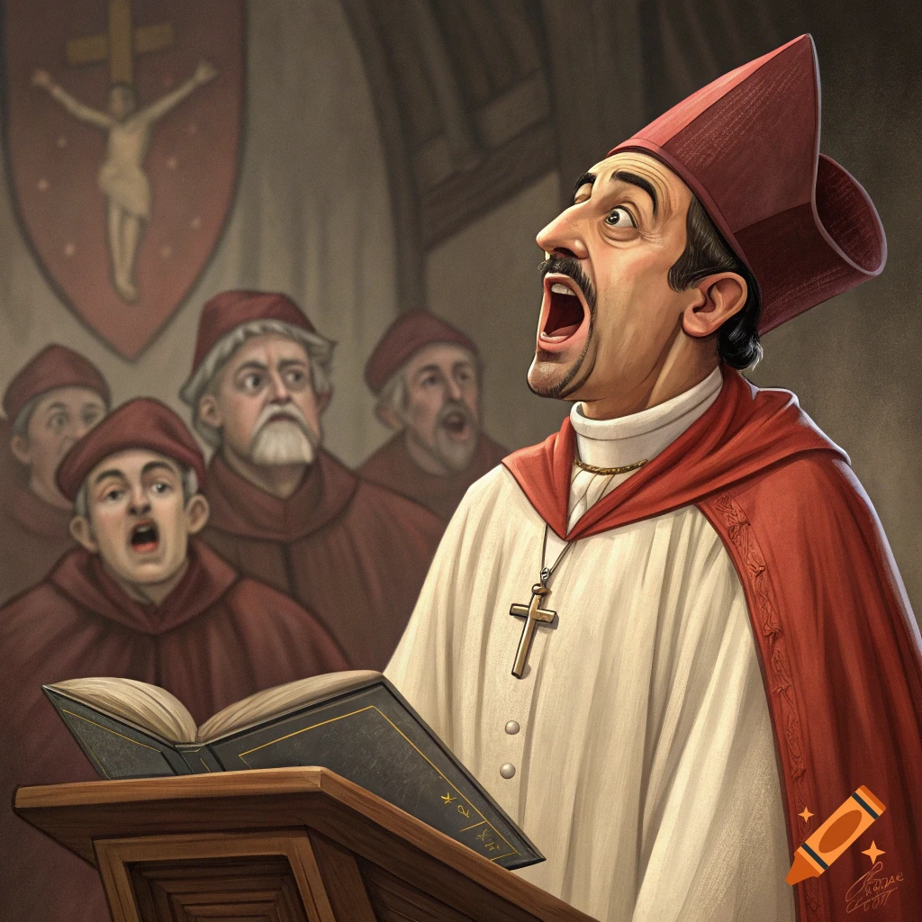 Caricature of a screaming religious figure singing from a book, with choir in the background.