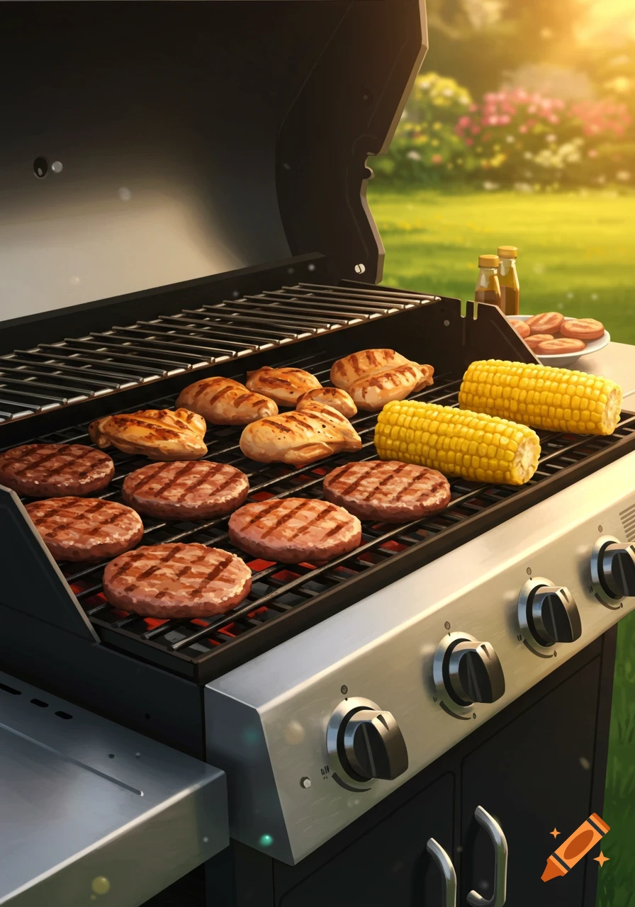 Barbecue grill loaded with burgers, chicken, and corn on the cob.