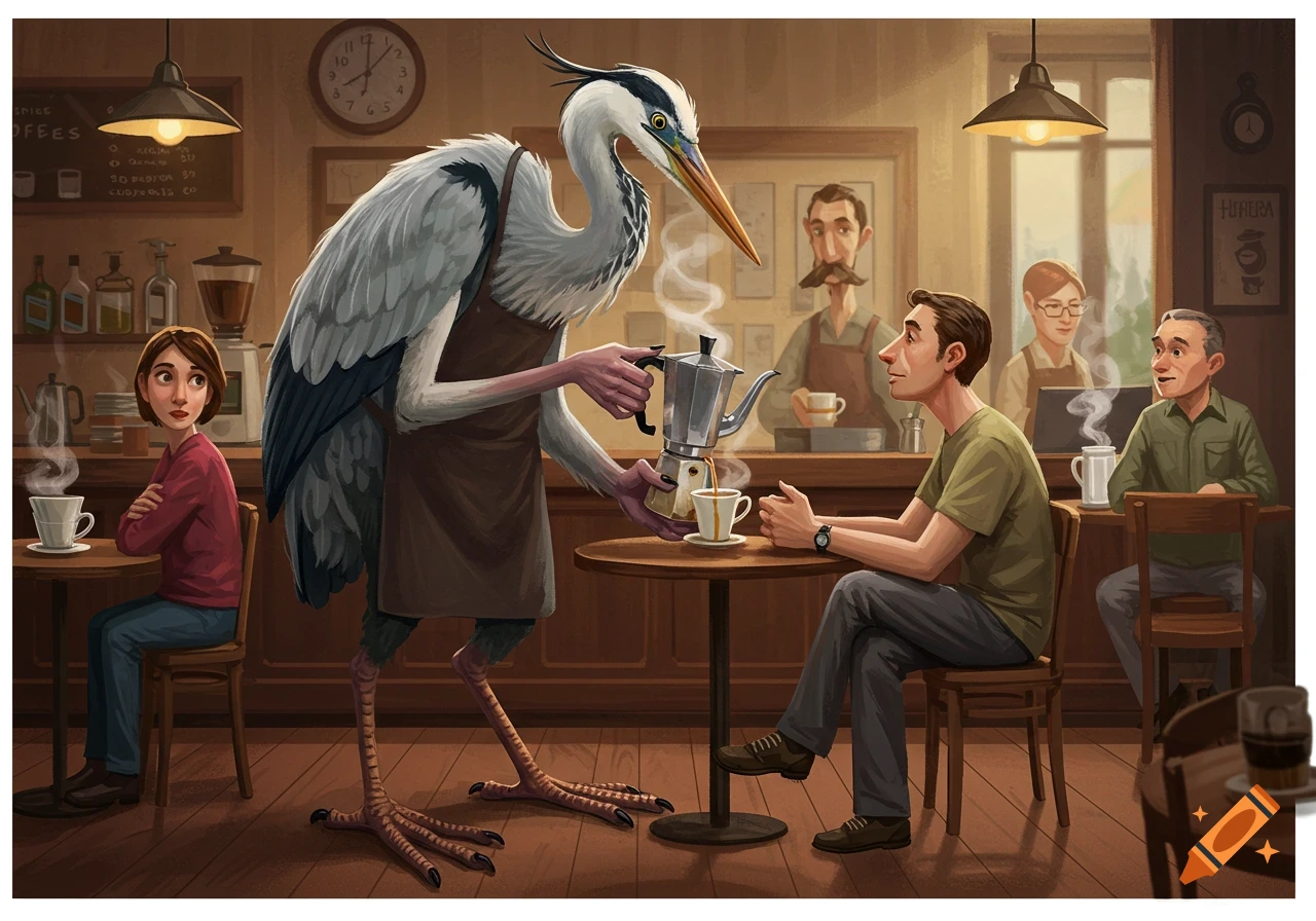 A large heron wearing an apron pours coffee for a man in a cafe. Other patrons sit at tables. Stylized illustration.