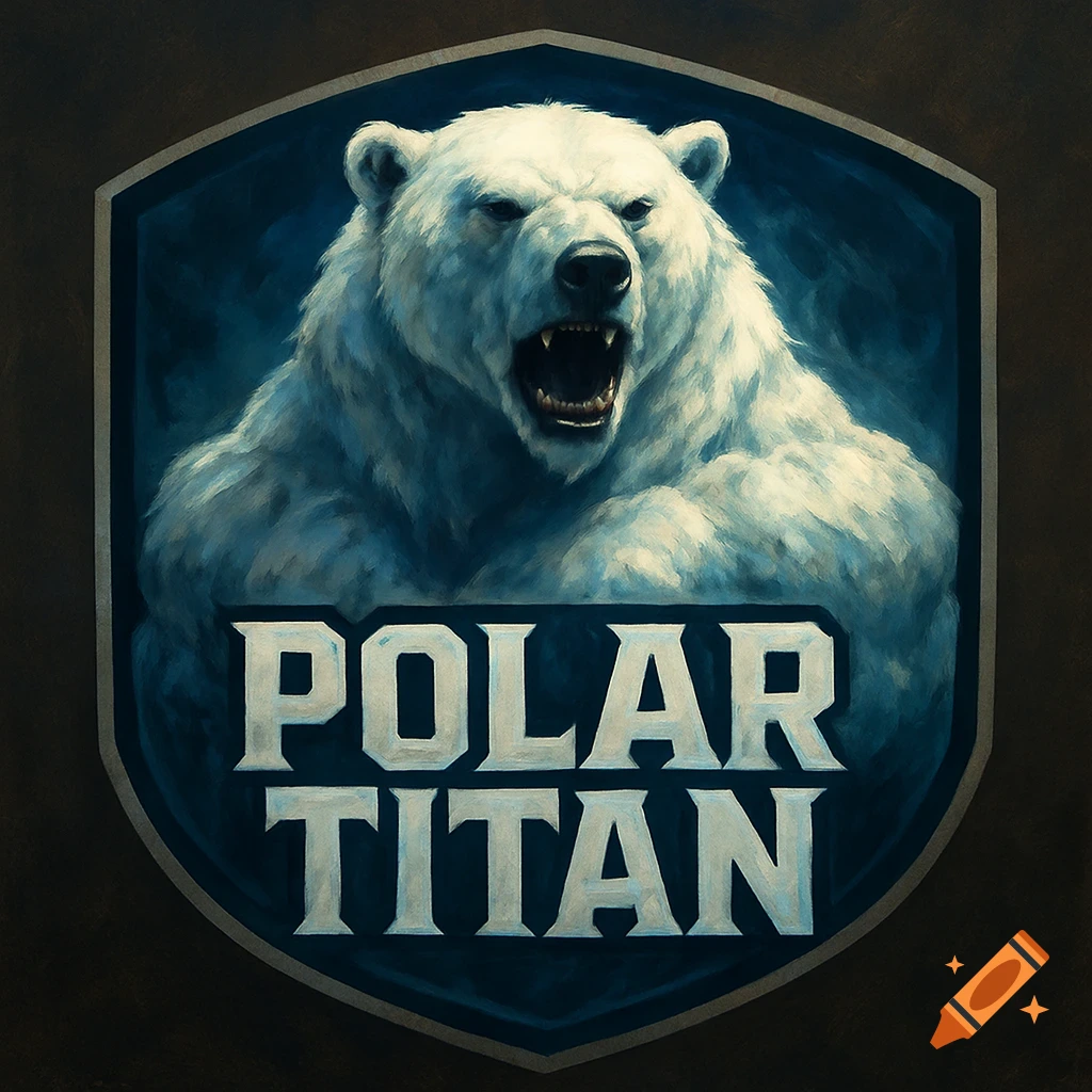 A logo featuring a polar bear's head roaring, set inside a shield shape, with the text "POLAR TITAN" below it, in an illustration style.