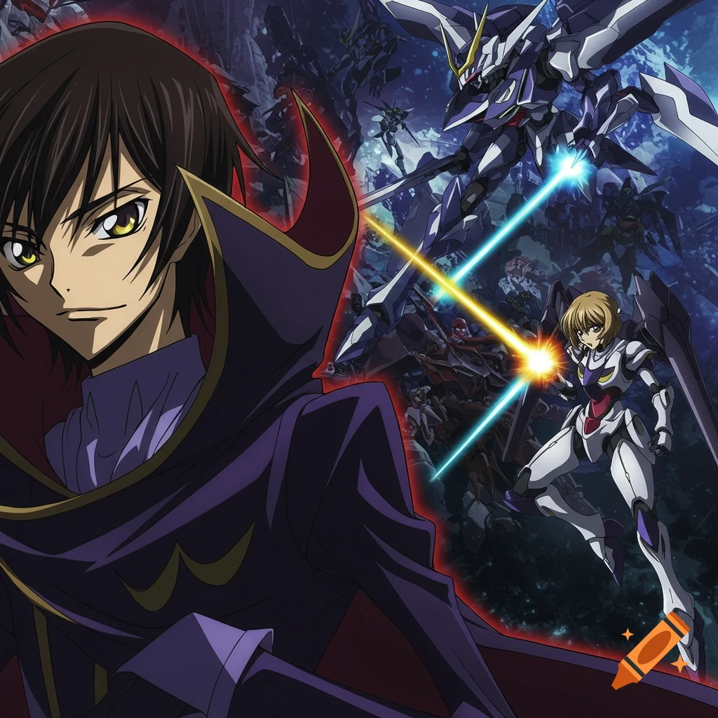 Anime illustration of Lelouch Lamperouge and Kallen Kozuki in a Knightmare Frame fighting other mechs.