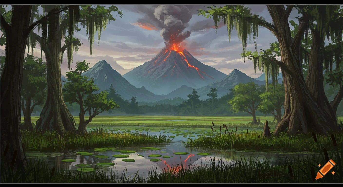 An erupting volcano rises above mountains and a swamp with trees and water lilies.