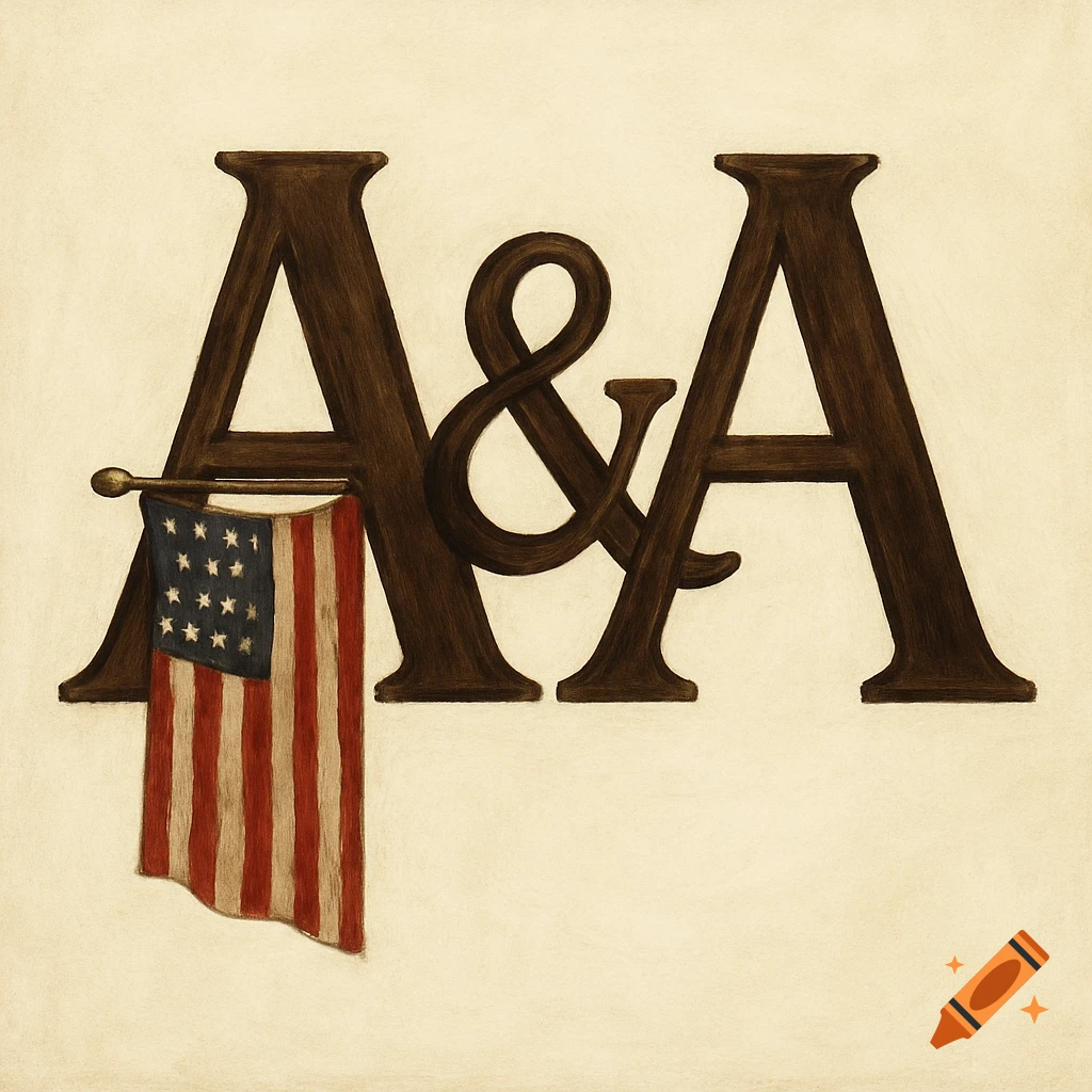 Logo with large brown letters A&A and a vintage US flag hanging from the left.