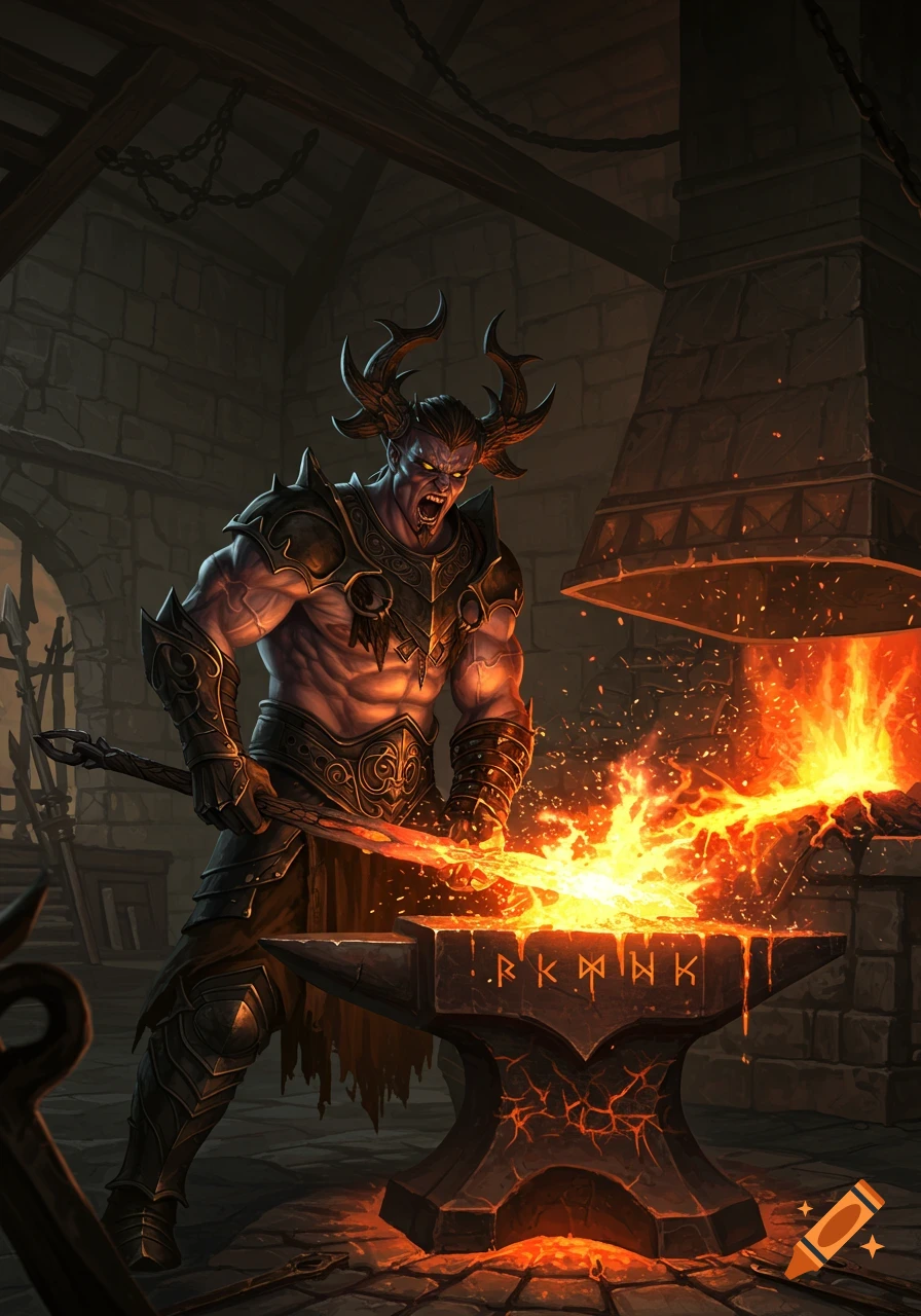 Demonic creature forging glowing metal on an anvil in a dark smithy.