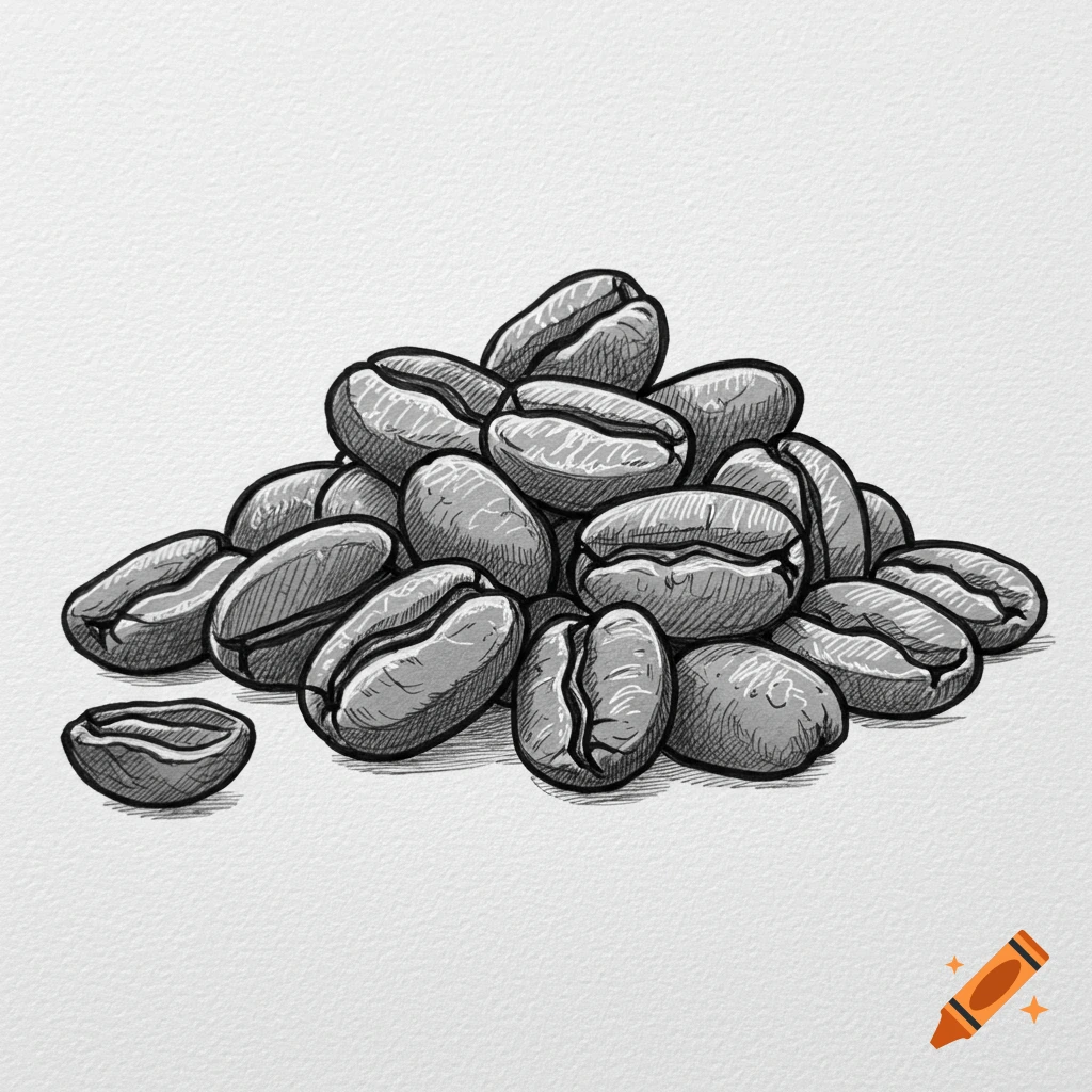 Pencil sketch of a pile of coffee beans on textured paper.