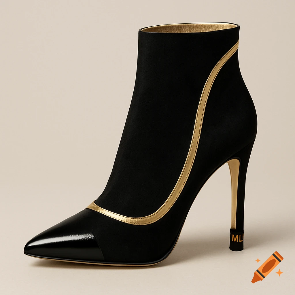 Black and gold pointed-toe high-heeled ankle boot with a wavy gold trim and 'MLj' logo on the heel.
